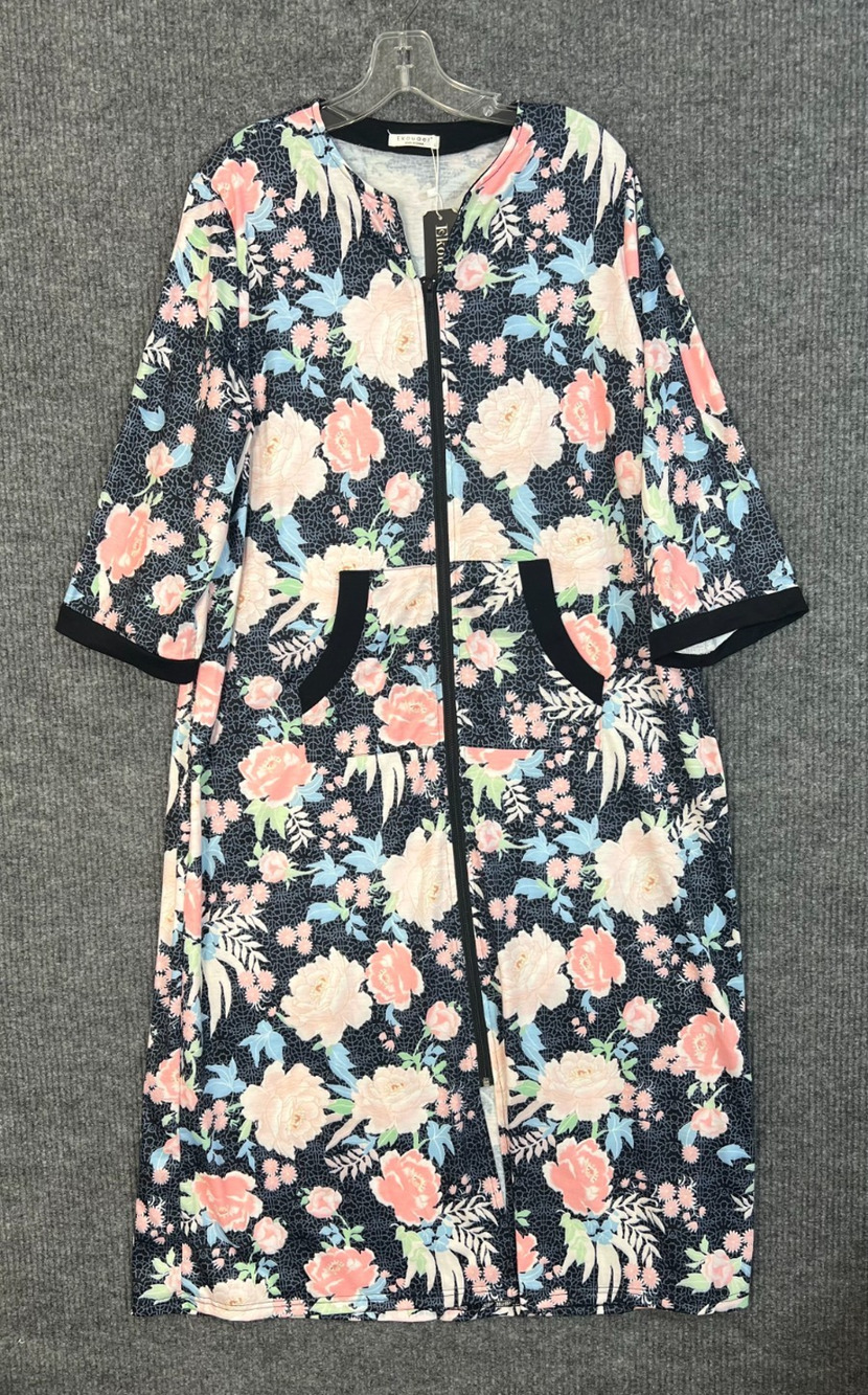 Ekouaer House Dress Womens Large Floral Multi Color Full Zip Front Pocket Lounge
